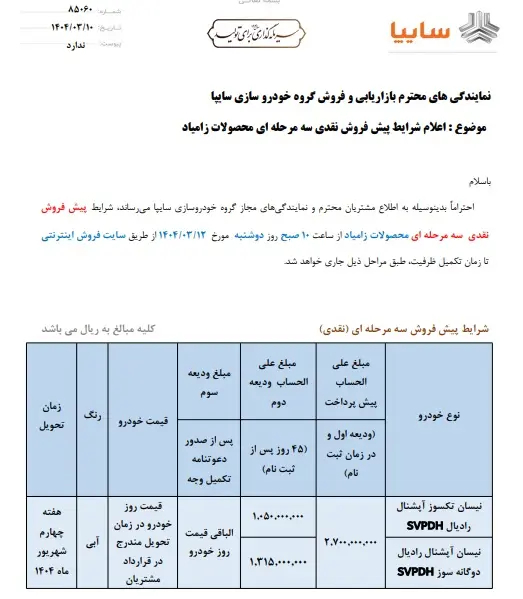 شرایط فروش خودروهای سایپا
