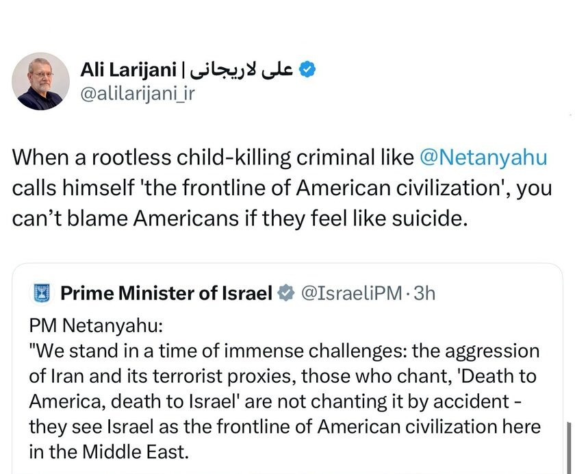 جدال توییتری لاریجانی با نتانیاهو/ او یک جنایتکارِ بیهویتِ کودککش است