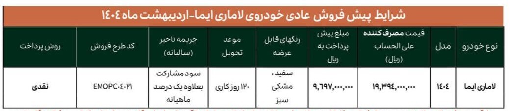 شرایط پیش فروش لاماری ایما اردیبهشت ۱۴۰۴/ تنها با ۹۷۰ میلیون صاحب خودروی لوکس شوید