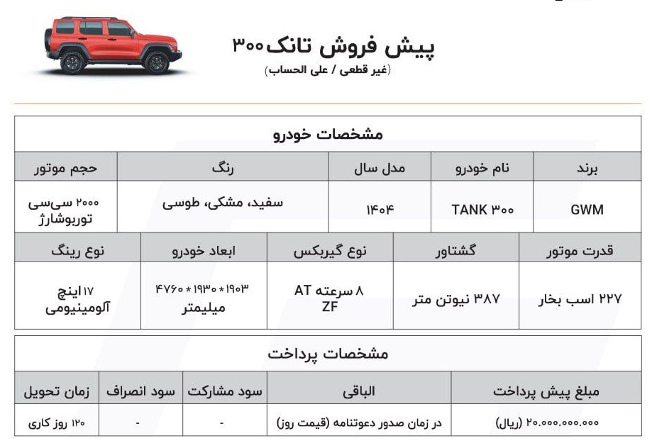 شرایط جدید فروش خودرو تانک 300 (خرداد 1404)