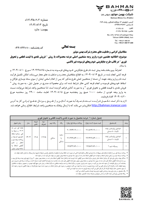 مرحله هفتم تکمیل وجه منتخبین اصلی طرح فروش نقدی با قیمت قطعی در سه طرح