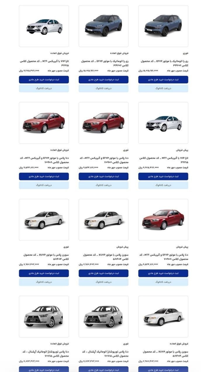 فهرست محصولات طرح فروش ایران‌خودرو