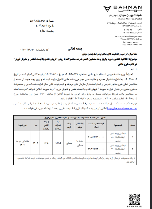 مرحله هفتم تکمیل وجه منتخبین اصلی طرح فروش نقدی با قیمت قطعی در سه طرح