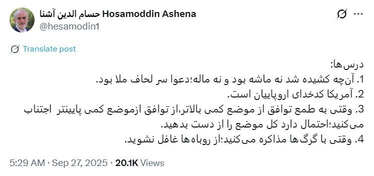 درس‌های مکانیسم ماشه از نگاه حسام الدین آشنا/ آمریکا کدخدای اروپاییان است/ وقتی با گرگ‌ها مذاکره می‌کنید؛ از روباه‌ها غافل نشوید