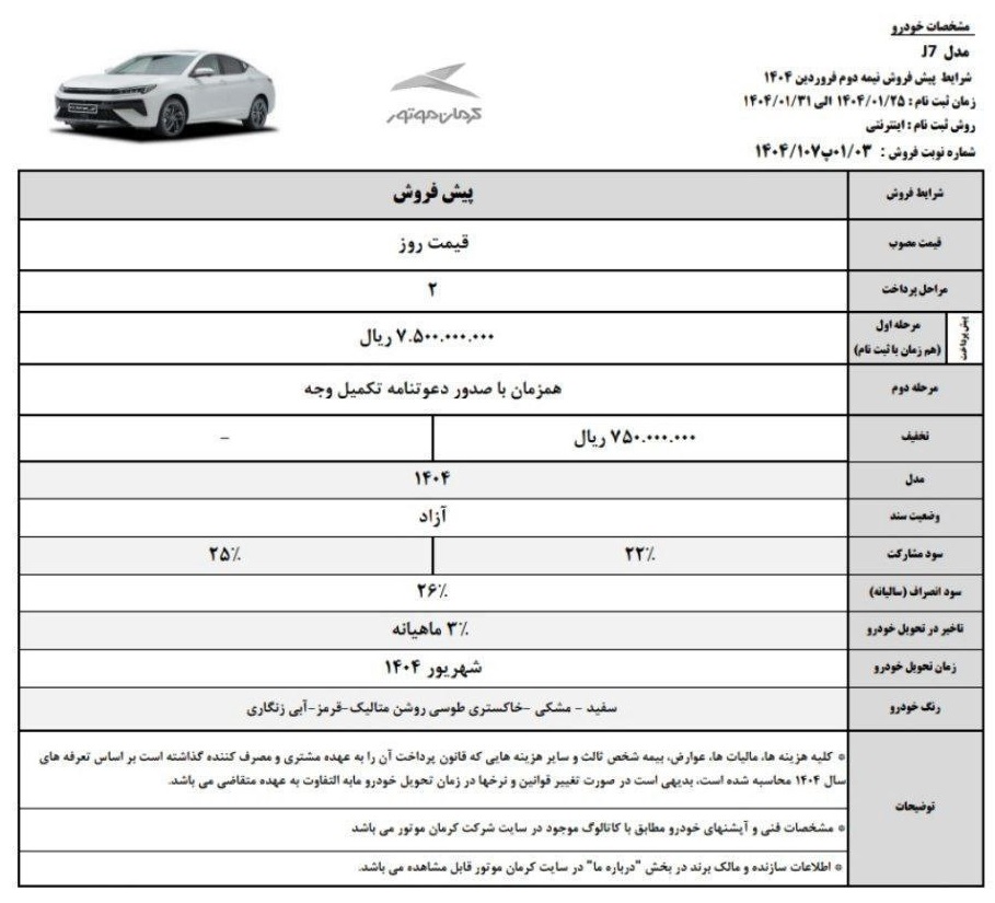 طرح جدید پیش فروش محصولات کرمان موتور (فروردین 1404)
