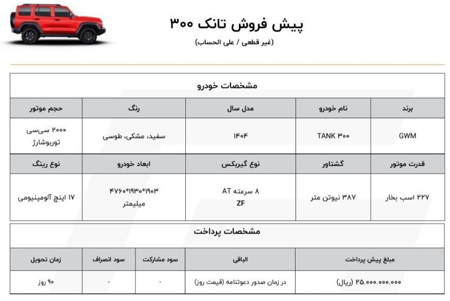 شرایط فروش خودرو تانک 300
