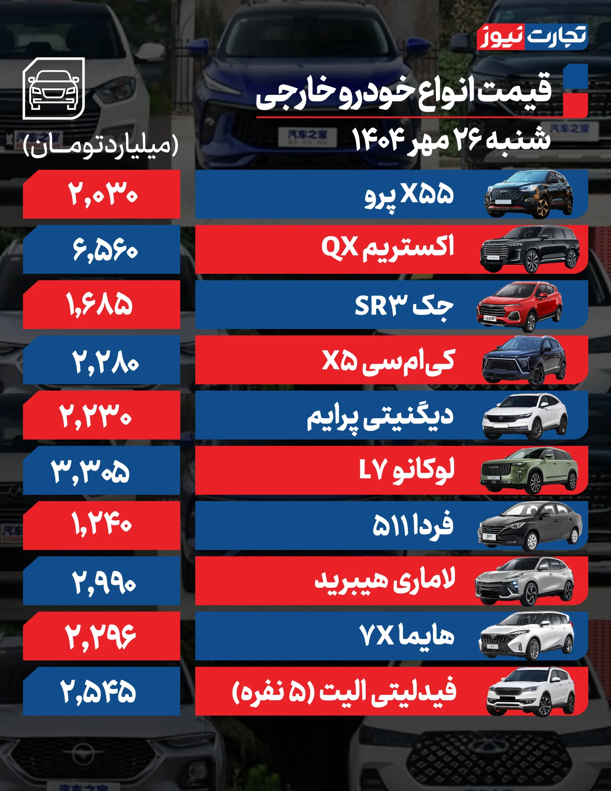قیمت خودروهای مونتاژی در 26 مهر 1404