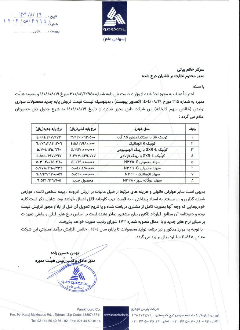 قیمت جدید تیپ‌های کوئیک و سهند